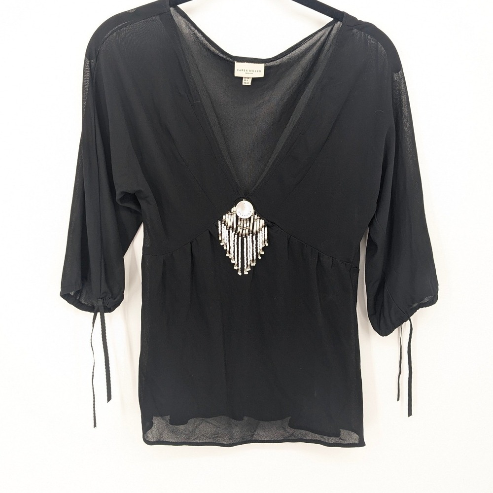 Karen Millen Sheer Top Womens 6 Black Beaded Embellished V Neck Blouse Aztec